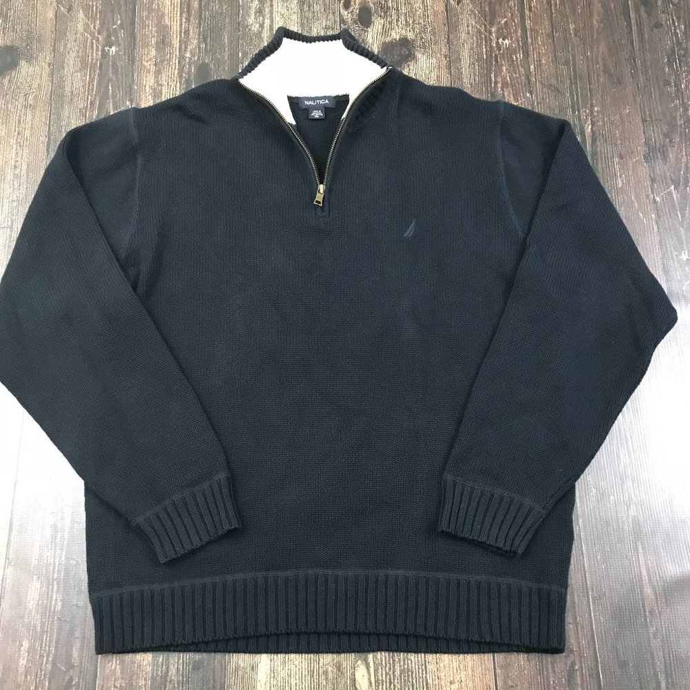 NAUTICA Mock Collar Sweater XL Ribbed Half Zip Pullover Heavy Cotton Contrast